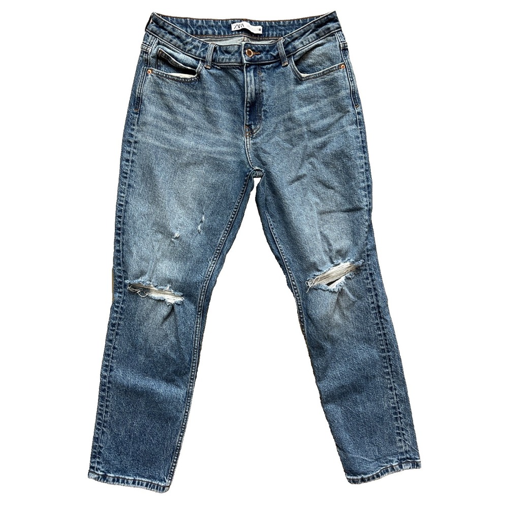 Zara Jeans Medium Wash Denim‎ Distressed Knees Straight Leg Womens size 6
